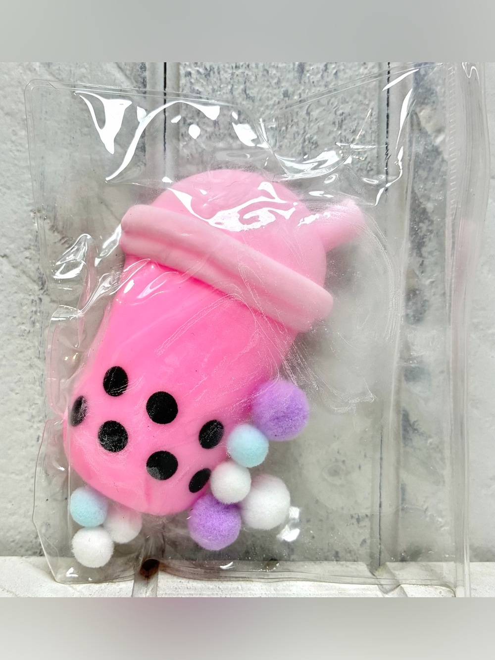 Squishy Toy Pink Boba Drink With Colorful Pom Poms In Resealable Clear Bag